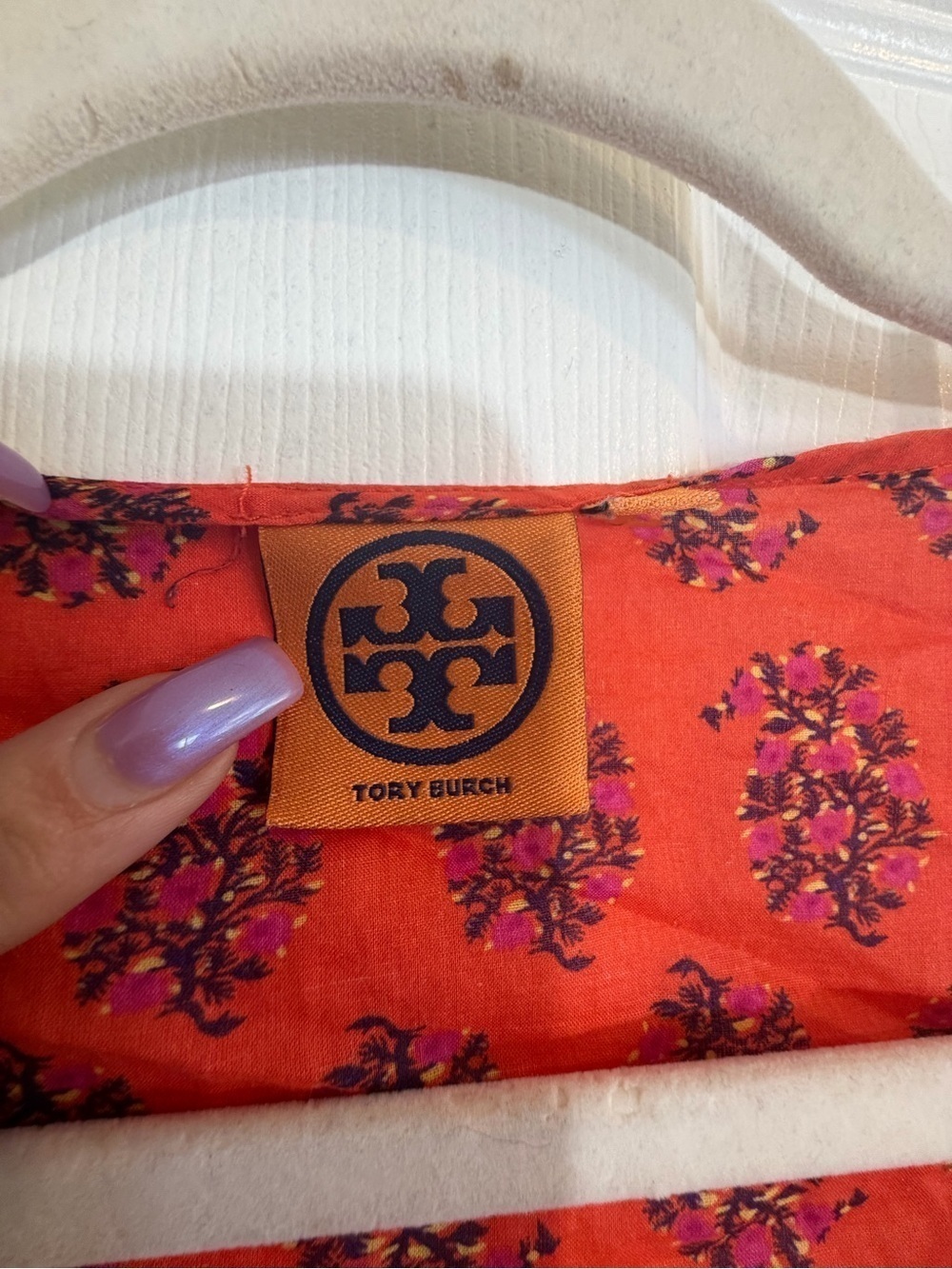 Tory Burch Evelina Floral Peasant Blouse Orange Pink Tassel Tie Cotton Size 6 - Picture 3 of 9